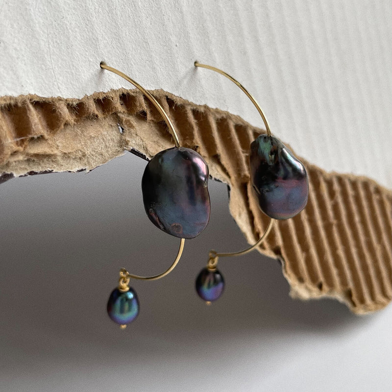 Lady Grey Gold Hoops with Peacock Pearls