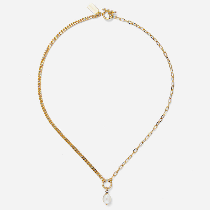 Duo Chain Necklace with White Pearl in Gold