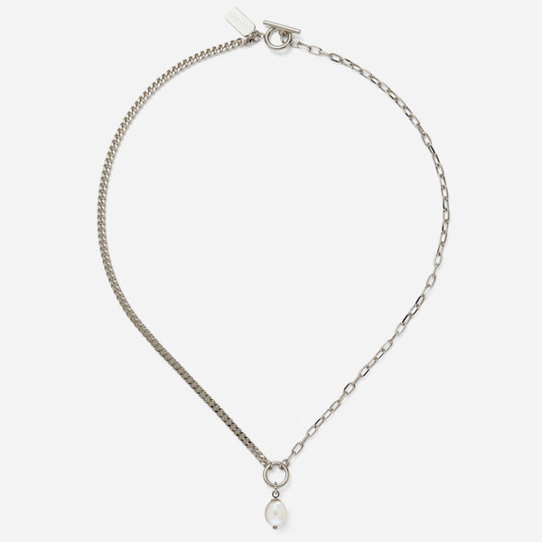 Duo Chain Necklace with White Pearl in Silver