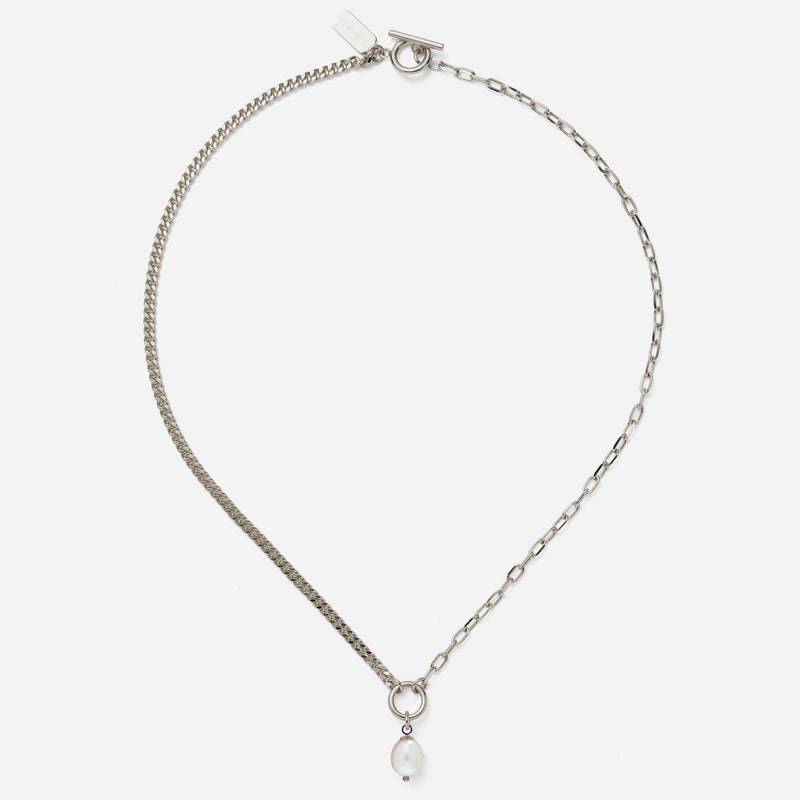Duo Chain Necklace with White Pearl in Silver