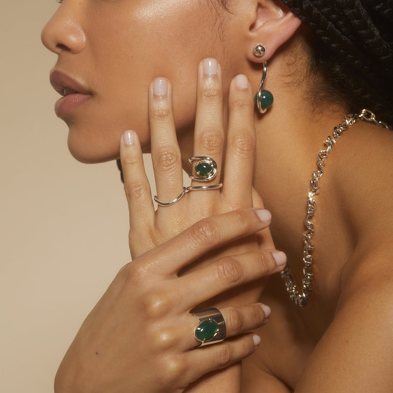 Offset Ring with Green onyx in Silver