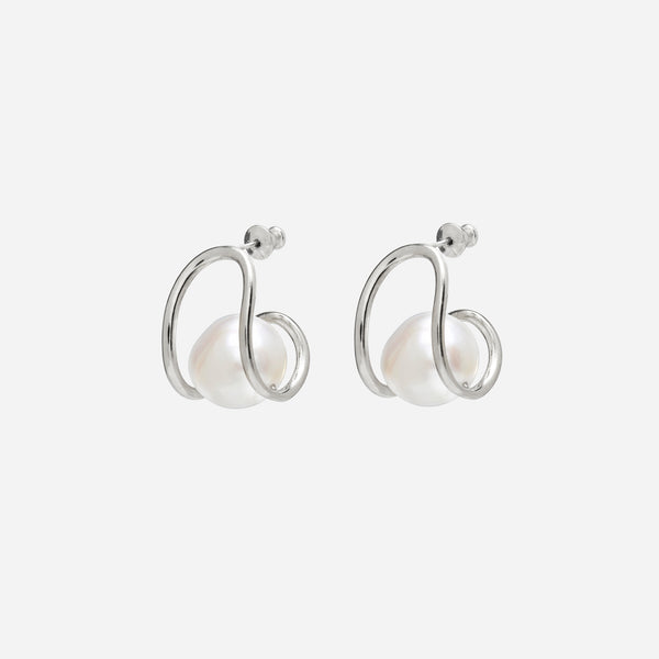 Pearl Swerve Earrings in Silver