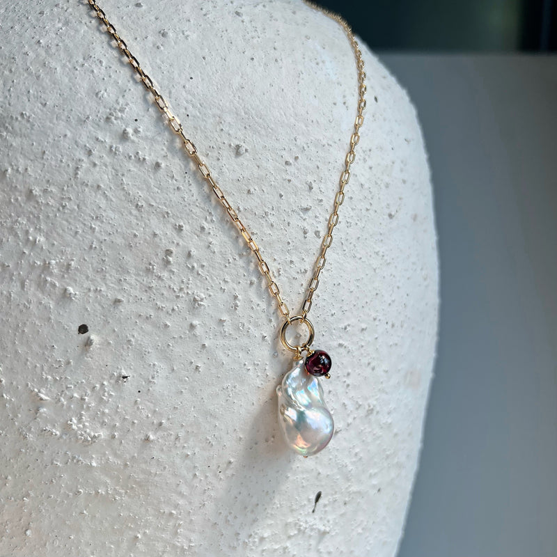 Lady Grey Baroque Duo Necklace in Gold with Pearl and Garnet. Gold Necklace handmade in NY