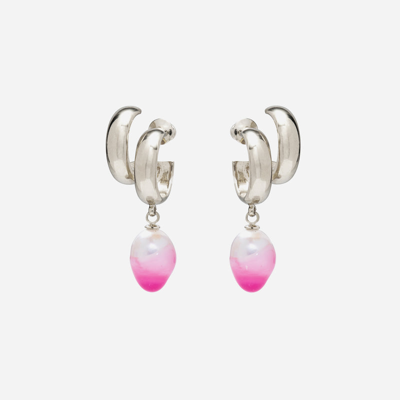 Glazed Pearl Stack Hoops in Silver