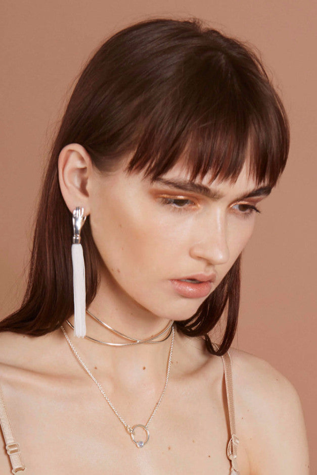 Lady Grey Jewelry Hand Silk Tassel Earrings in Silver