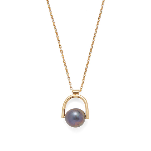 Black Pearl Bail Necklace in Gold