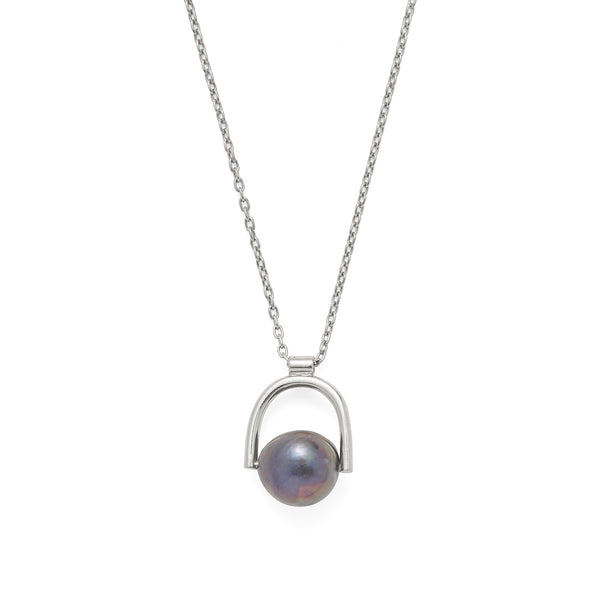 Black Pearl Bail Necklace in Silver