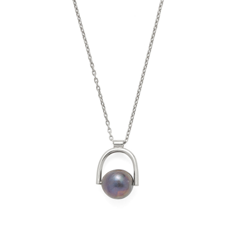 Black Pearl Bail Necklace in Silver