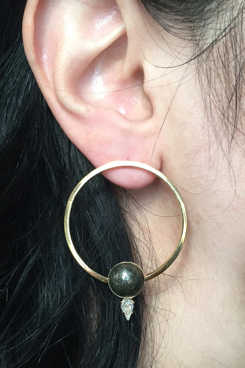 Inflection Earring in Gold with Pyrite and Swarovski Crystal
