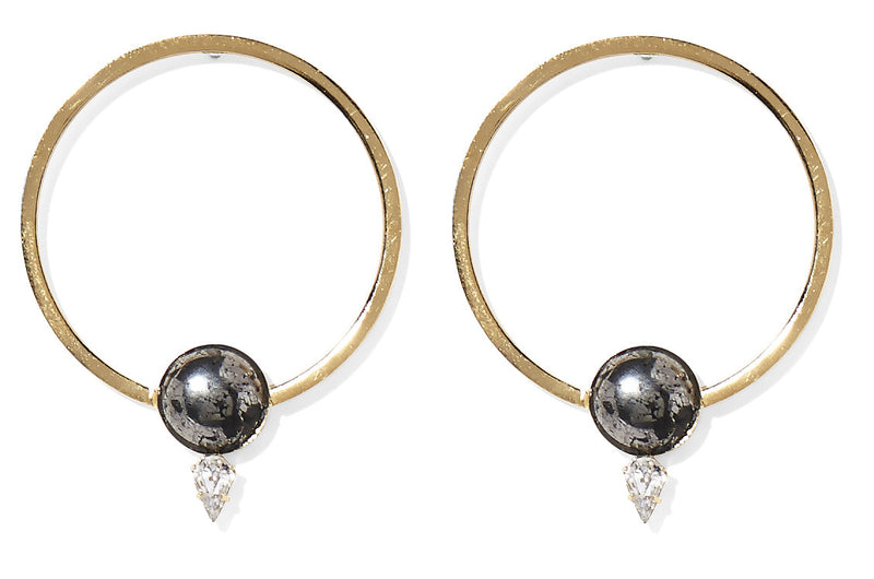 Inflection Earring in Gold with Pyrite and Swarovski Crystal