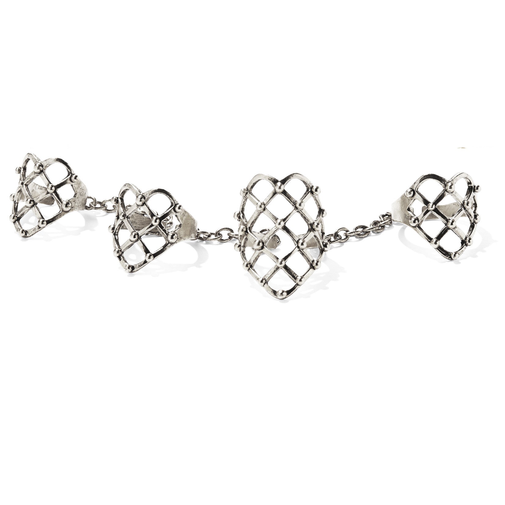 4 Finger Studded Lattice Ring Silver