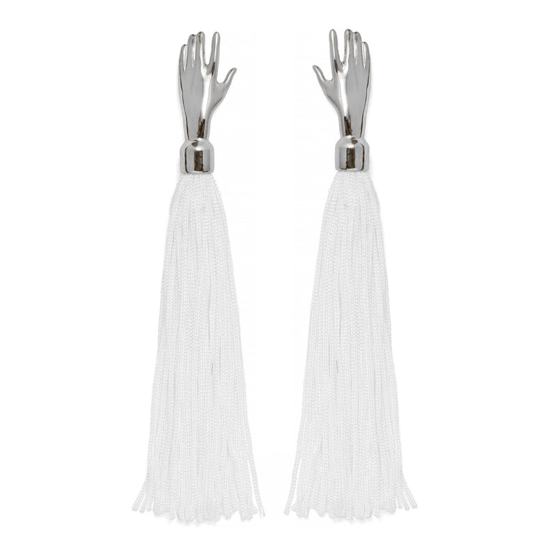 Lady Grey Jewelry Hand Silk Tassel Earrings in Silver