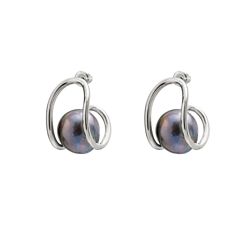 Black Pearl Swerve Earring in Silver