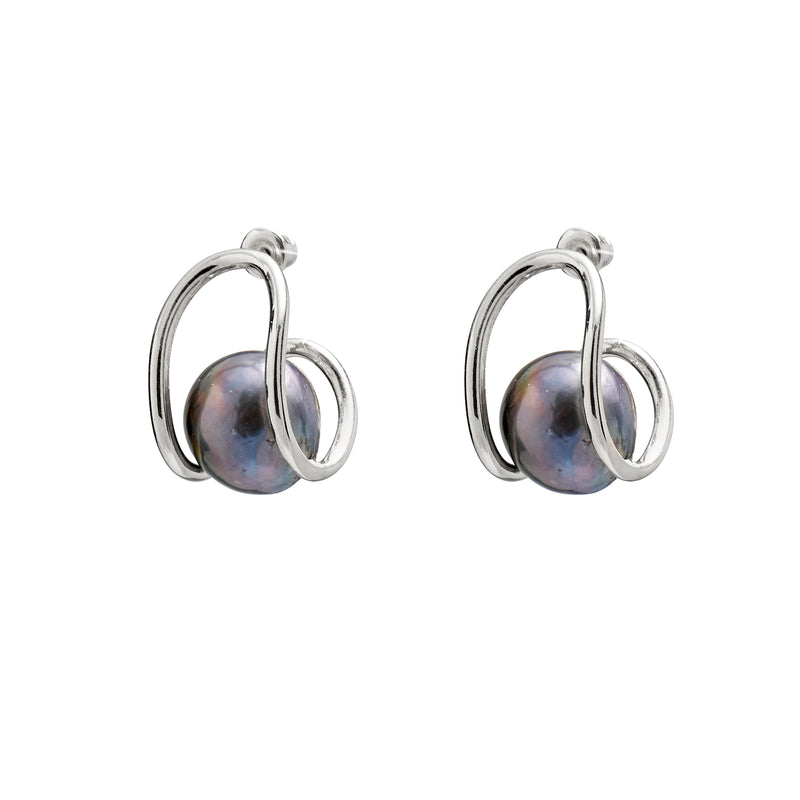 Black Pearl Swerve Earring in Silver