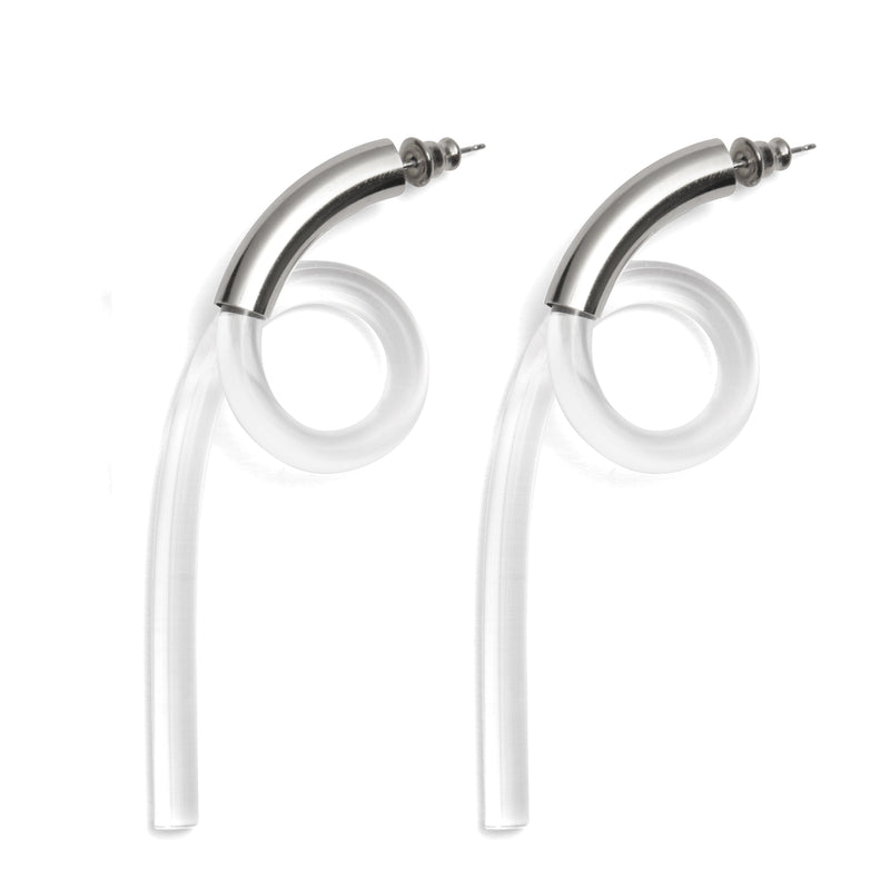 Lady Grey Spiral Lucite Earrings in Rhodium and Clear