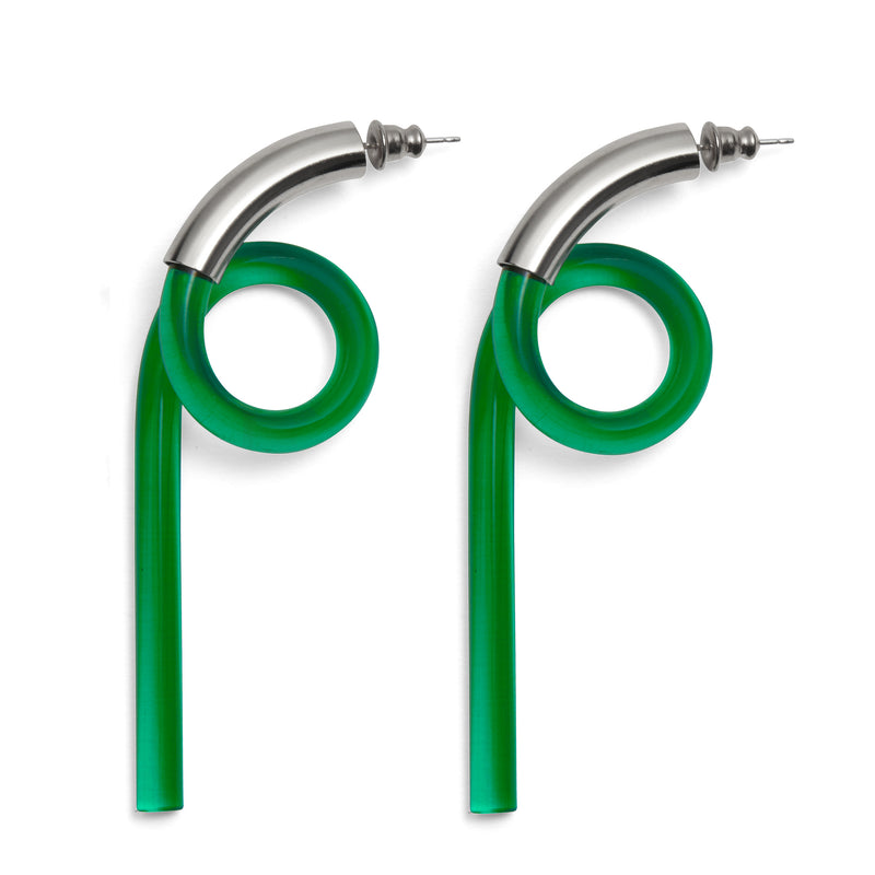 Spiral Lucite Earrings in Rhodium and Emerald